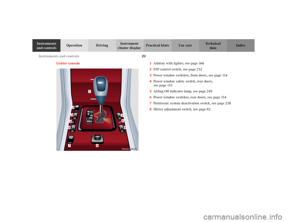 MERCEDES-BENZ E WAGON 2002 S210 Owners Guide 20 Instruments and controls
Te ch n i c a l
data Instruments 
and controlsOperation DrivingInstrument 
cluster displayPractical hints Car care Index
Center console 1Ashtray with lighter, see page 166
