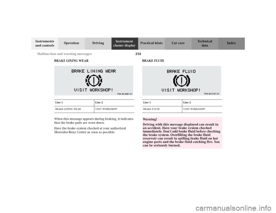 MERCEDES-BENZ E WAGON 2002 S210 Owners Manual 254 Malfunction and warning messages
Te ch n i c a l
data Instruments
and controlsOperation DrivingInstrument
cluster displayPractical hints Car care Index
BRAKE LINING WEAR
When this message appear MERCEDES-BENZ E WAGON 2002 S210 Owners Manual 254 Malfunction and warning messages
Te ch n i c a l
data Instruments
and controlsOperation DrivingInstrument
cluster displayPractical hints Car care Index
BRAKE LINING WEAR
When this message appear