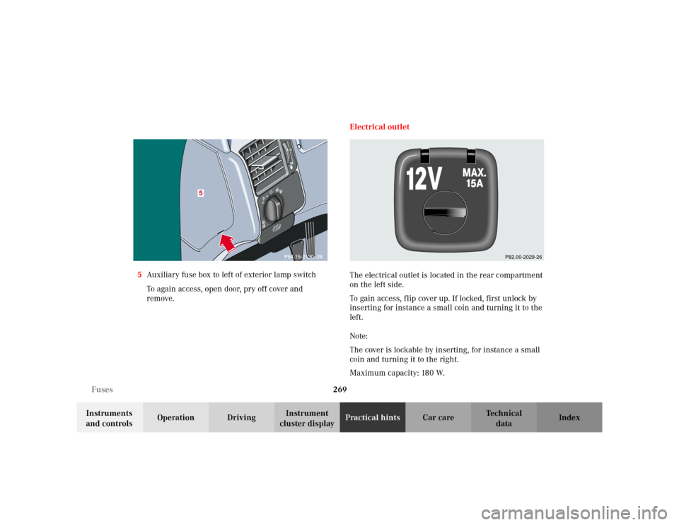 MERCEDES-BENZ E WAGON 2002 S210 Owners Manual 269 Fuses
Te ch n i c a l
data Instruments
and controlsOperation DrivingInstrument
cluster displayPractical hintsCar care Index 5Auxiliary fuse box to left of exterior lamp switch
To again access, o MERCEDES-BENZ E WAGON 2002 S210 Owners Manual 269 Fuses
Te ch n i c a l
data Instruments
and controlsOperation DrivingInstrument
cluster displayPractical hintsCar care Index 5Auxiliary fuse box to left of exterior lamp switch
To again access, o
