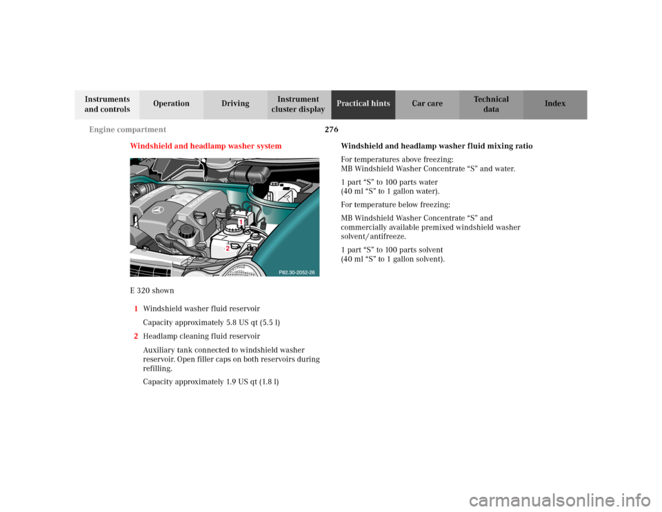 MERCEDES-BENZ E WAGON 2002 S210 Owners Manual 276 Engine compartment
Te ch n i c a l
data Instruments
and controlsOperation DrivingInstrument
cluster displayPractical hintsCar care Index
Windshield and headlamp washer system
E 320 shown
1Windsh MERCEDES-BENZ E WAGON 2002 S210 Owners Manual 276 Engine compartment
Te ch n i c a l
data Instruments
and controlsOperation DrivingInstrument
cluster displayPractical hintsCar care Index
Windshield and headlamp washer system
E 320 shown
1Windsh