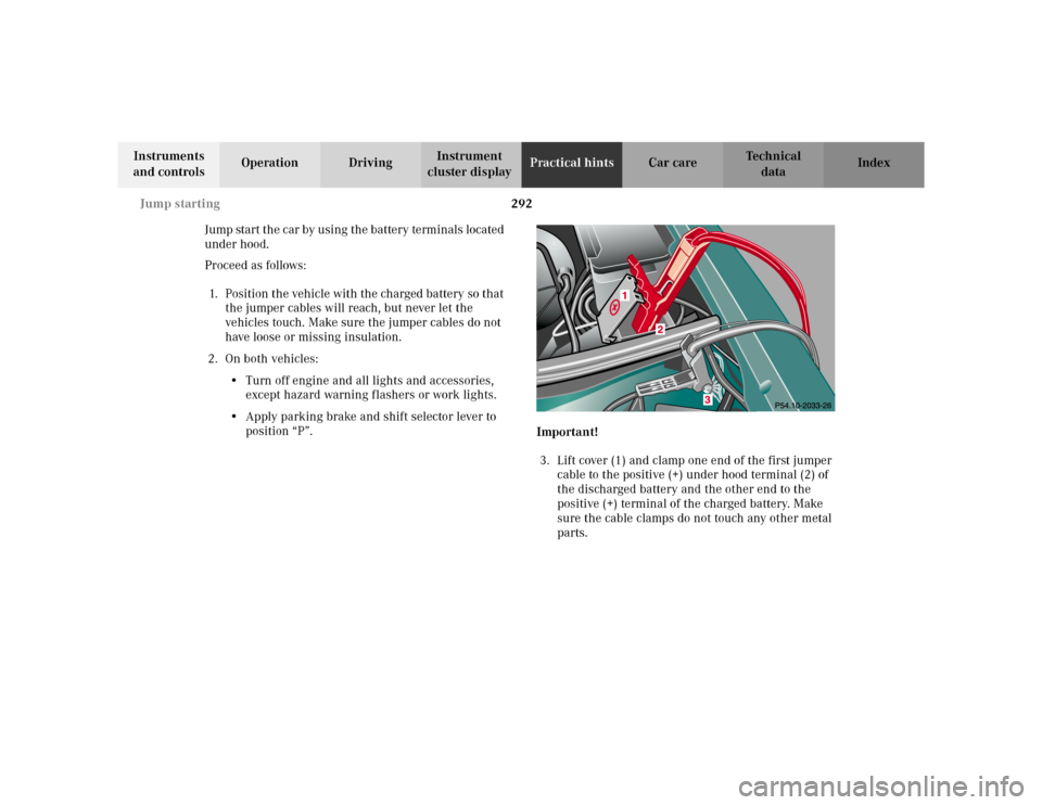 MERCEDES-BENZ E WAGON 2002 S210 Owners Manual 292 Jump starting
Te ch n i c a l
data Instruments 
and controlsOperation DrivingInstrument 
cluster displayPractical hintsCar care Index
Jump start the car by using the battery terminals located 
und