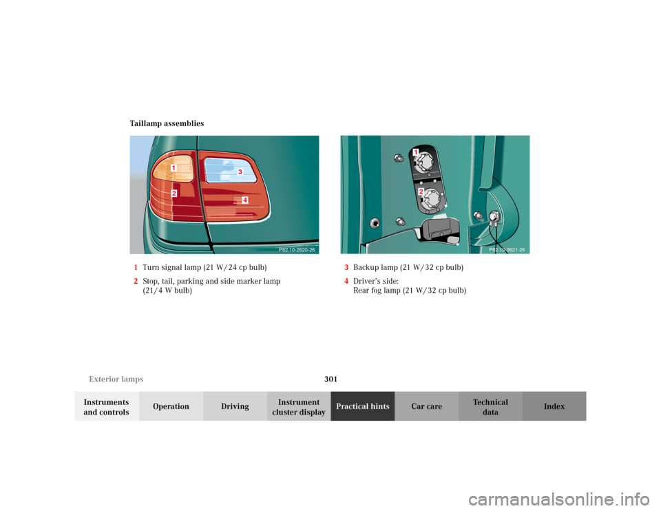 MERCEDES-BENZ E WAGON 2002 S210 Owners Manual 301 Exterior lamps
Te ch n i c a l
data Instruments 
and controlsOperation DrivingInstrument 
cluster displayPractical hintsCar care Index Taillamp assemblies
1Turn signal lamp (21 W / 24 cp bulb)
2St