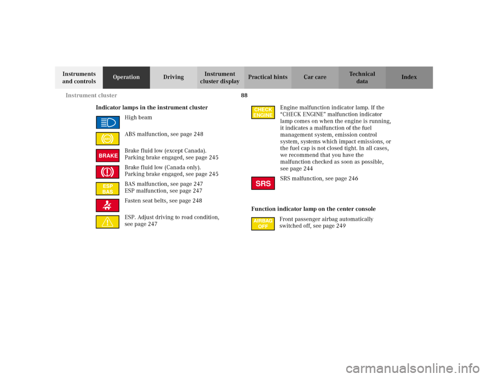 MERCEDES-BENZ E WAGON 2002 S210 Owners Manual 88 Instrument cluster
Te ch n i c a l
data Instruments 
and controlsOperationDrivingInstrument 
cluster displayPractical hints Car care Index
Indicator lamps in the instrument cluster
High beam
ABS ma