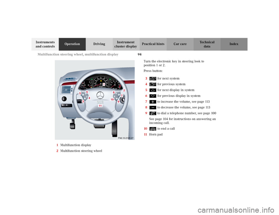 MERCEDES-BENZ E WAGON 2002 S210 Owners Manual 94 Multifunction steering wheel, multifunction display
Te ch n i c a l
data Instruments
and controlsOperationDrivingInstrument
cluster displayPractical hints Car care Index
1Multifunction display
2M MERCEDES-BENZ E WAGON 2002 S210 Owners Manual 94 Multifunction steering wheel, multifunction display
Te ch n i c a l
data Instruments
and controlsOperationDrivingInstrument
cluster displayPractical hints Car care Index
1Multifunction display
2M