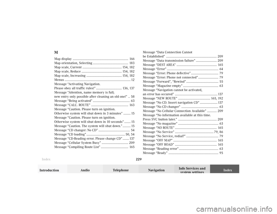 MERCEDES-BENZ CLK COUPE 2002 C208 Comand Manual Index229Introduction
Audio Telephone
Navigation
Index Info Services and
system settings
MMap display ..................................................................... 166
Map orientation, Selectin