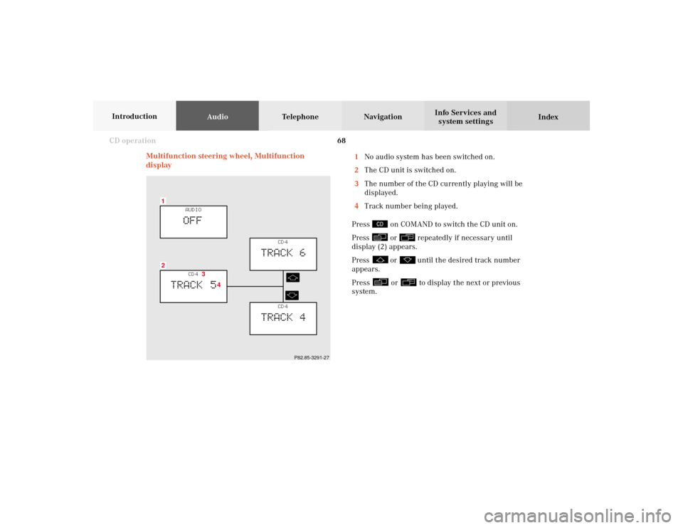 MERCEDES-BENZ CLK COUPE 2002 C208 Comand Manual 68 CD operation
AudioTelephone Navigation
Index Info Services and
system settings Introduction
Multifunction steering wheel, Multifunction
display1No audio system has been switched on.
2The CD unit is