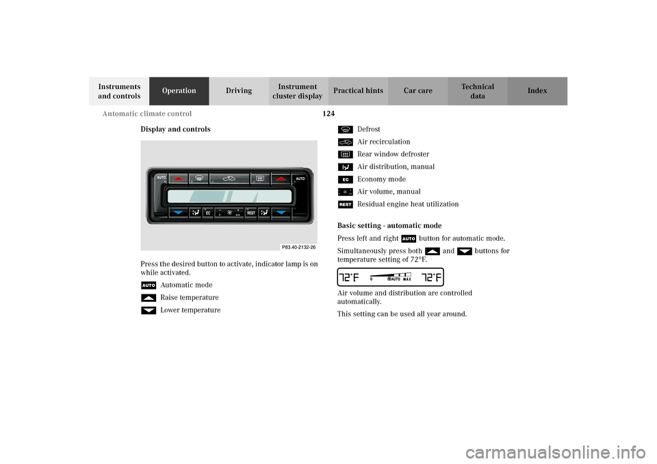MERCEDES-BENZ CLK430 2002 C208 User Guide 124 Automatic climate control
Technical
data Instruments 
and controlsOperationDrivingInstrument 
cluster displayPractical hints Car care Index
Display and controls
Press the desired button to activat
