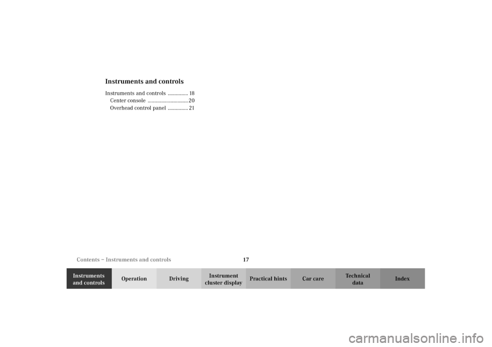 MERCEDES-BENZ CLK55AMG 2002 C208 Owners Manual 17 Contents – Instruments and controls
Technical
data Instruments 
and controlsOperation DrivingInstrument 
cluster displayPractical hints Car care Index
Instruments and controlsInstruments and cont