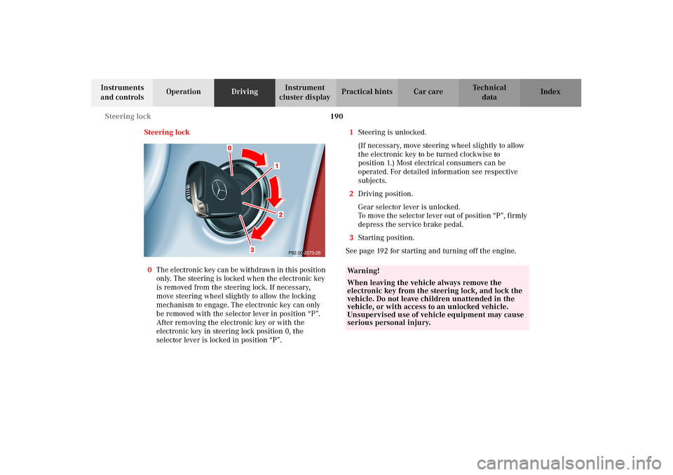 MERCEDES-BENZ CLK55AMG 2002 C208 Owners Manual 190 Steering lock
Technical
data Instruments
and controlsOperationDrivingInstrument
cluster displayPractical hints Car care Index
Steering lock
0The electronic key can be withdrawn in this position MERCEDES-BENZ CLK55AMG 2002 C208 Owners Manual 190 Steering lock
Technical
data Instruments
and controlsOperationDrivingInstrument
cluster displayPractical hints Car care Index
Steering lock
0The electronic key can be withdrawn in this position