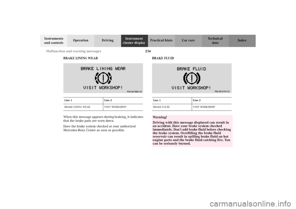 MERCEDES-BENZ CLK55AMG 2002 C208 Service Manual 236 Malfunction and warning messages
Technical
data Instruments 
and controlsOperation DrivingInstrument 
cluster displayPractical hints Car care Index
BRAKE LINING WEAR
When this message appears duri