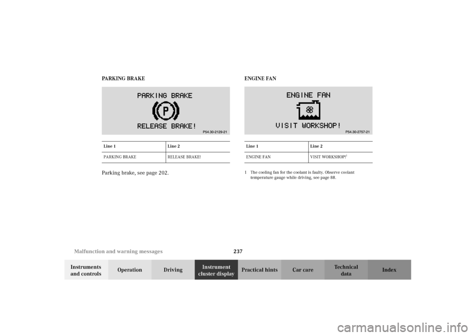 MERCEDES-BENZ CLK55AMG 2002 C208 Service Manual 237 Malfunction and warning messages
Technical
data Instruments 
and controlsOperation DrivingInstrument 
cluster displayPractical hints Car care Index PA R K I N G   B R A K E
Parking brake, see page