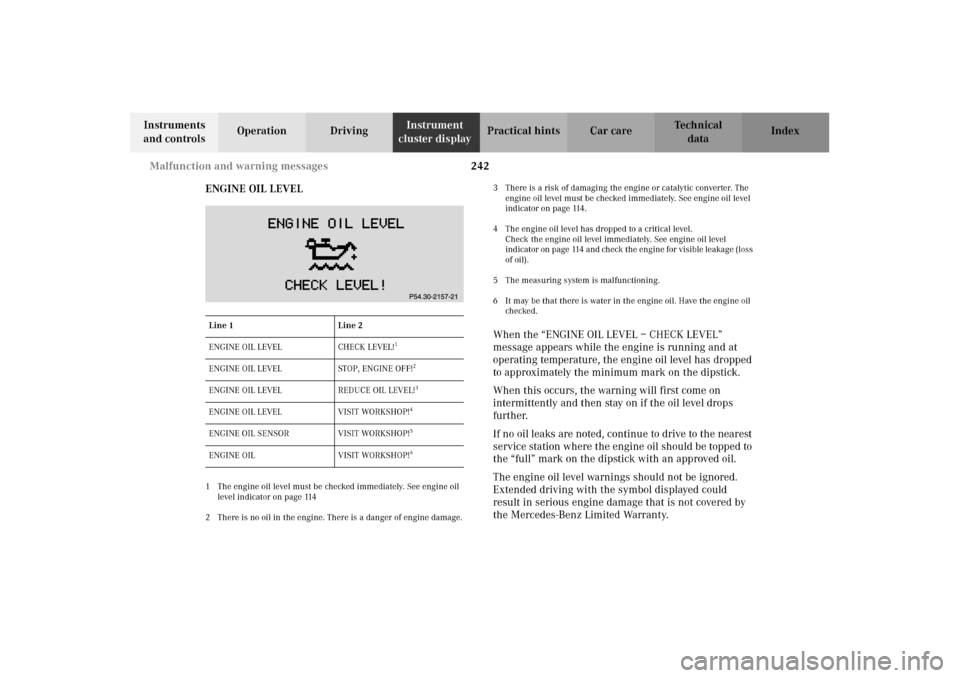 MERCEDES-BENZ CLK55AMG 2002 C208 Owners Manual 242 Malfunction and warning messages
Technical
data Instruments
and controlsOperation DrivingInstrument
cluster displayPractical hints Car care Index
ENGINE OIL LEVEL
1 The engine oil level must be MERCEDES-BENZ CLK55AMG 2002 C208 Owners Manual 242 Malfunction and warning messages
Technical
data Instruments
and controlsOperation DrivingInstrument
cluster displayPractical hints Car care Index
ENGINE OIL LEVEL
1 The engine oil level must be