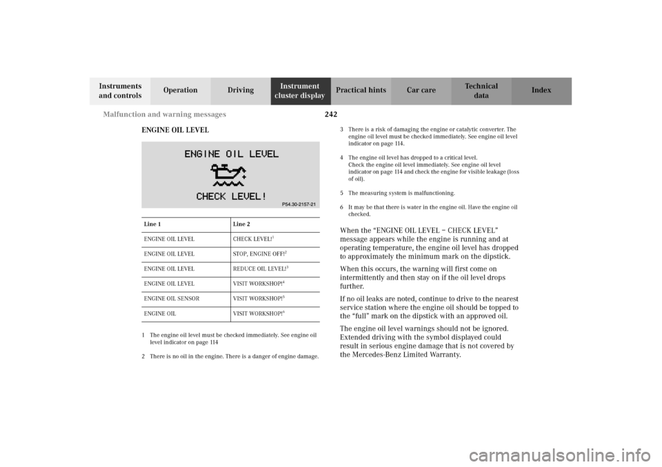 MERCEDES-BENZ CLK55AMG 2002 C208 Service Manual 242 Malfunction and warning messages
Technical
data Instruments 
and controlsOperation DrivingInstrument 
cluster displayPractical hints Car care Index
ENGINE OIL LEVEL
1 The engine oil level must be 