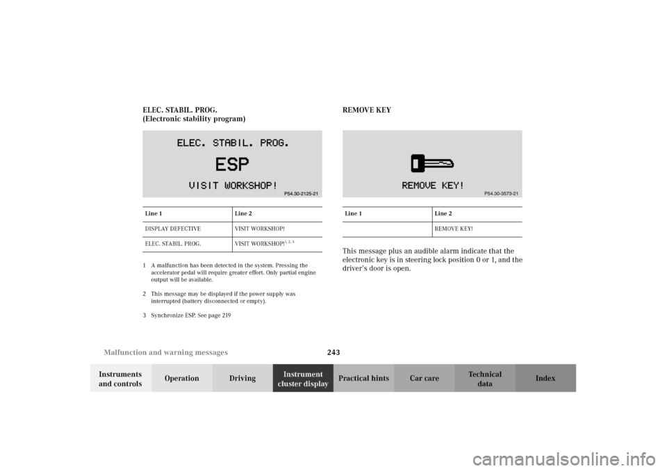 MERCEDES-BENZ CLK55AMG 2002 C208 Owners Manual 243 Malfunction and warning messages
Technical
data Instruments
and controlsOperation DrivingInstrument
cluster displayPractical hints Car care Index ELEC. STABIL. PROG.
(Electronic stability progra MERCEDES-BENZ CLK55AMG 2002 C208 Owners Manual 243 Malfunction and warning messages
Technical
data Instruments
and controlsOperation DrivingInstrument
cluster displayPractical hints Car care Index ELEC. STABIL. PROG.
(Electronic stability progra