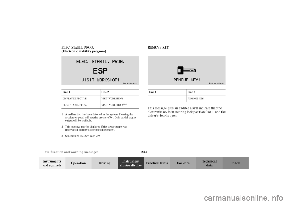 MERCEDES-BENZ CLK55AMG 2002 C208 Service Manual 243 Malfunction and warning messages
Technical
data Instruments 
and controlsOperation DrivingInstrument 
cluster displayPractical hints Car care Index ELEC. STABIL. PROG.
(Electronic stability progra