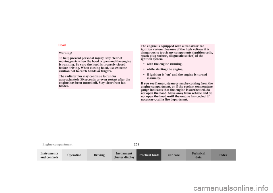 MERCEDES-BENZ CLK430 2002 C208 Owners Manual 251 Engine compartment
Technical
data Instruments 
and controlsOperation DrivingInstrument 
cluster displayPractical hintsCar care Index Hood
Wa r n i n g !
To help prevent personal injury, stay clear