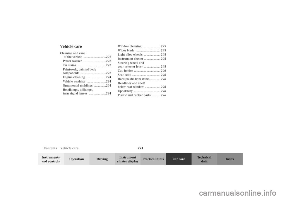 MERCEDES-BENZ CLK430 2002 C208 Owners Guide 291 Contents – Vehicle care
Technical
data Instruments 
and controlsOperation DrivingInstrument 
cluster displayPractical hintsCar careIndex
Vehicle careCleaning and care 
of the vehicle  ..........