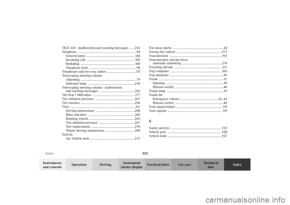 MERCEDES-BENZ CLK430 2002 C208 Owners Manual 323 Index
Technical
data Instruments 
and controlsOperation DrivingInstrument 
cluster displayPractical hints Car careIndex TELE AID - malfunction and warning messages  ...... 245
Telephone  .........