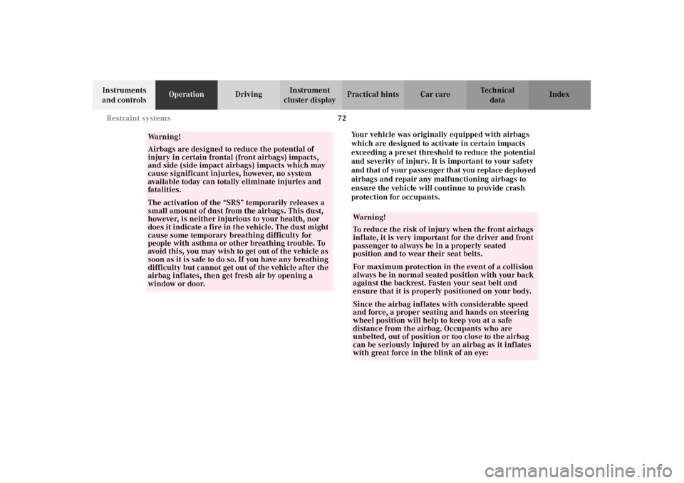 MERCEDES-BENZ CLK55AMG 2002 C208 Owners Manual 72 Restraint systems
Technical
data Instruments 
and controlsOperationDrivingInstrument 
cluster displayPractical hints Car care Index
Your vehicle was originally equipped with airbags 
which are desi