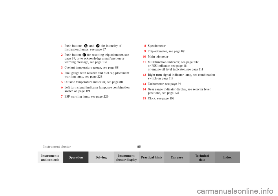 MERCEDES-BENZ CLK55AMG 2002 C208 Owners Manual 85 Instrument cluster
Technical
data Instruments 
and controlsOperationDrivingInstrument 
cluster displayPractical hints Car care Index 1Push buttons  V and W  for intensity of 
instrument lamps, see 