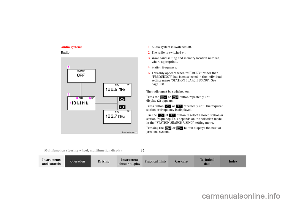 MERCEDES-BENZ CLK55AMG 2002 C208 Owners Manual 95 Multifunction steering wheel, multifunction display
Technical
data Instruments 
and controlsOperationDrivingInstrument 
cluster displayPractical hints Car care Index Audio systems
Radio1Audio syste