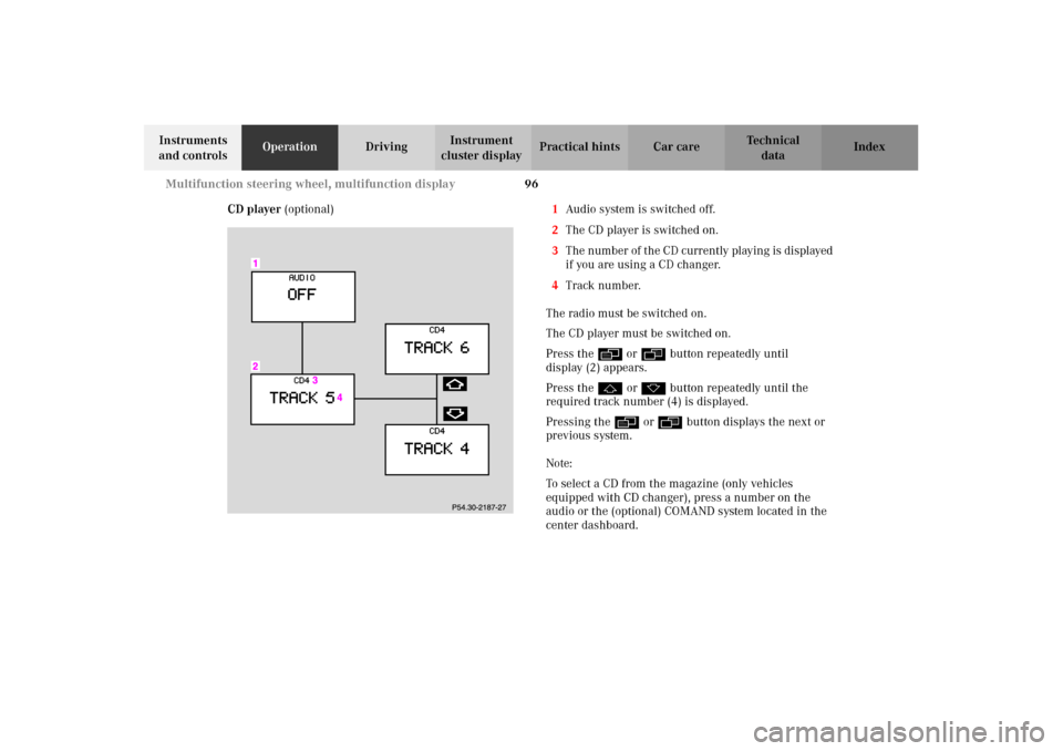 MERCEDES-BENZ CLK55AMG 2002 C208 Owners Manual 96 Multifunction steering wheel, multifunction display
Technical
data Instruments 
and controlsOperationDrivingInstrument 
cluster displayPractical hints Car care Index
CD player (optional)1Audio syst