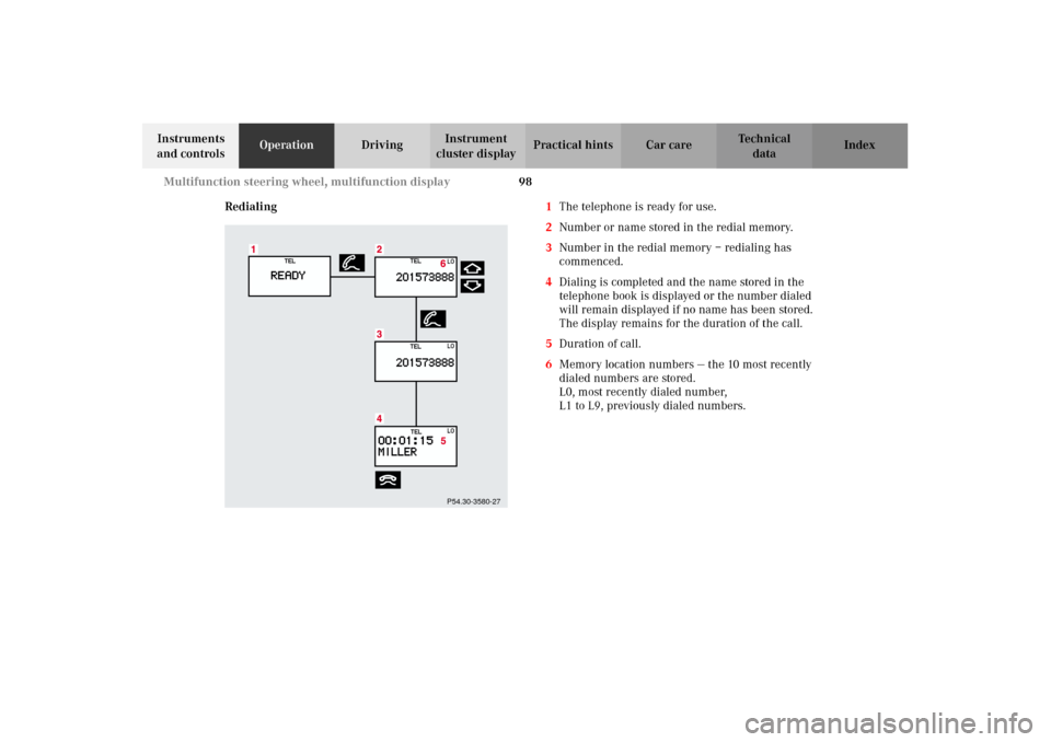 MERCEDES-BENZ CLK320 CABRIOLET 2002 A208 Owners Manual 98 Multifunction steering wheel, multifunction display
Technical
data Instruments 
and controlsOperationDrivingInstrument 
cluster displayPractical hints Car care Index
Redialing1The telephone is read