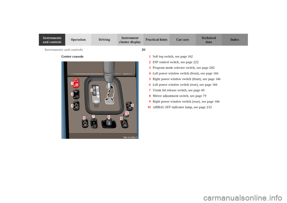 MERCEDES-BENZ CLK430 CABRIOLET 2002 A208 Owners Manual 20 Instruments and controls
Technical
data Instruments 
and controlsOperation DrivingInstrument 
cluster displayPractical hints Car care Index
Center console1Soft top switch, see page 162
2ESP control