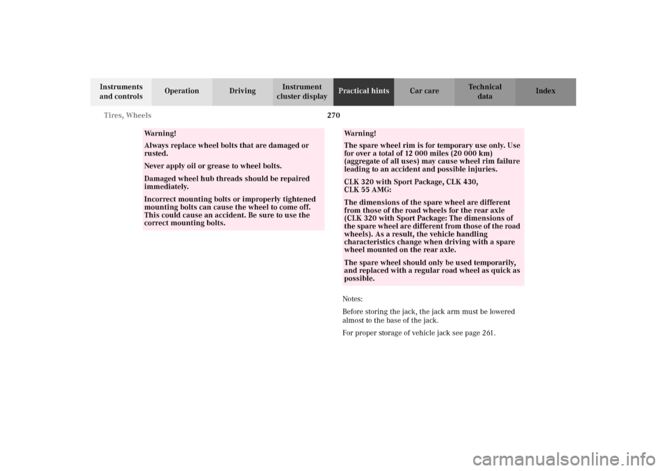 MERCEDES-BENZ CLK320 CABRIOLET 2002 A208 Owners Manual 270 Tires, Wheels
Technical
data Instruments 
and controlsOperation DrivingInstrument 
cluster displayPractical hintsCar care Index
Notes:
Before storing the jack, the jack arm must be lowered 
almost