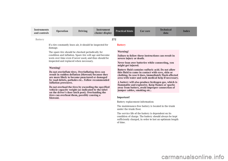 MERCEDES-BENZ CLK430 CABRIOLET 2002 A208 Owners Manual 272 Battery
Technical
data Instruments 
and controlsOperation DrivingInstrument 
cluster displayPractical hintsCar care Index
If a tire constantly loses air, it should be inspected for 
damage.
The sp