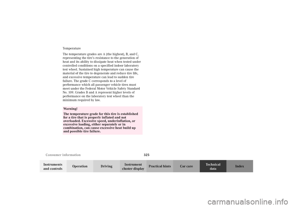 MERCEDES-BENZ CLK55AMG CABRIOLET 2002 A208 Owners Manual 325 Consumer information
Technical
data Instruments 
and controlsOperation DrivingInstrument 
cluster displayPractical hints Car care Index Tempera t u re
The temperature grades are A (the highest), B