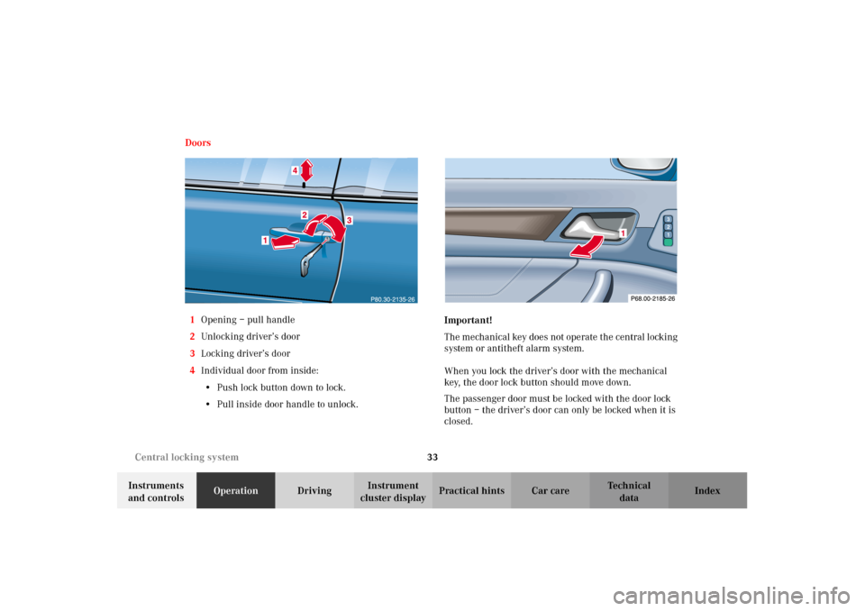 MERCEDES-BENZ CLK320 CABRIOLET 2002 A208 Owners Guide 33 Central locking system
Technical
data Instruments 
and controlsOperationDrivingInstrument 
cluster displayPractical hints Car care Index Doors
1Opening – pull handle
2Unlocking driver’s door
3L