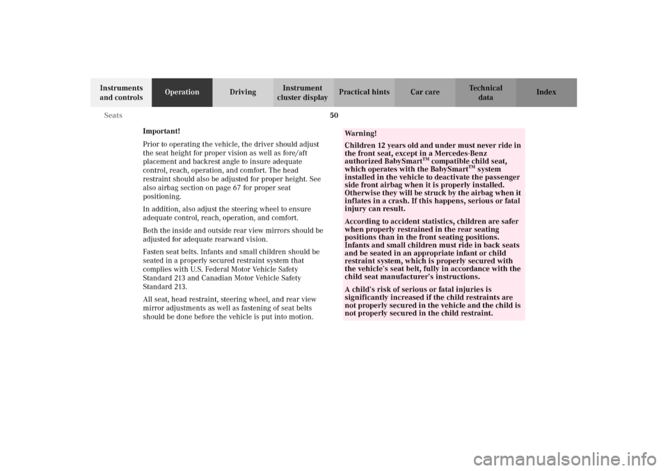 MERCEDES-BENZ CLK320 CABRIOLET 2002 A208 Owners Manual 50 Seats
Technical
data Instruments 
and controlsOperationDrivingInstrument 
cluster displayPractical hints Car care Index
Important!
Prior to operating the vehicle, the driver should adjust 
the seat