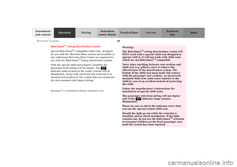 MERCEDES-BENZ CLK320 CABRIOLET 2002 A208 Repair Manual 64 Restraint systems
Technical
data Instruments 
and controlsOperationDrivingInstrument 
cluster displayPractical hints Car care Index
BabySmart
TM airbag deactivation system
Special BabySmart
TM comp