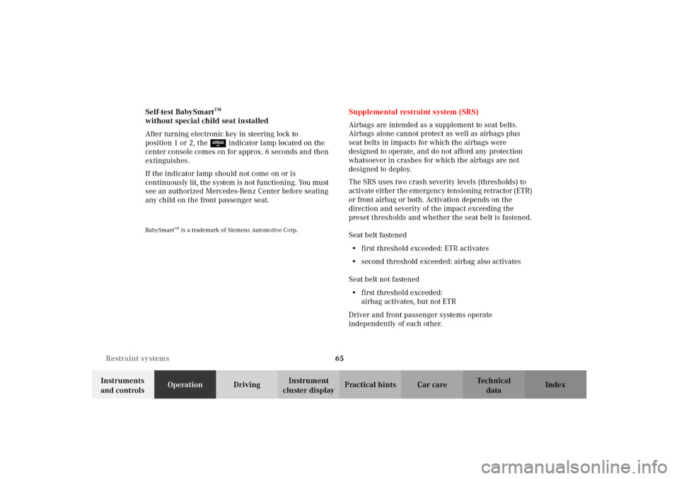MERCEDES-BENZ CLK320 CABRIOLET 2002 A208 Owners Manual 65 Restraint systems
Technical
data Instruments 
and controlsOperationDrivingInstrument 
cluster displayPractical hints Car care Index Self-test BabySmart
TM 
without special child seat installed
Afte