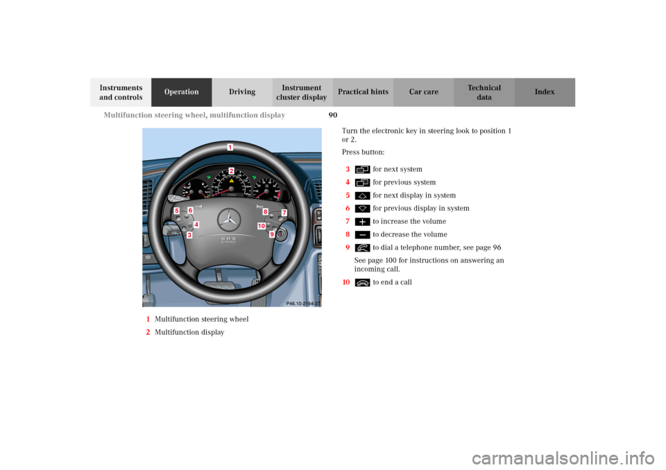 MERCEDES-BENZ CLK320 CABRIOLET 2002 A208 Manual PDF 90 Multifunction steering wheel, multifunction display
Technical
data Instruments
and controlsOperationDrivingInstrument
cluster displayPractical hints Car care Index
1Multifunction steering wheel
2 MERCEDES-BENZ CLK320 CABRIOLET 2002 A208 Manual PDF 90 Multifunction steering wheel, multifunction display
Technical
data Instruments
and controlsOperationDrivingInstrument
cluster displayPractical hints Car care Index
1Multifunction steering wheel
2
