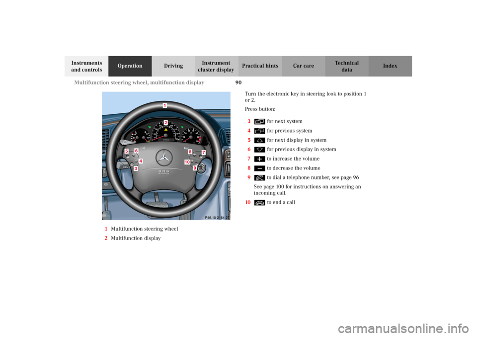 MERCEDES-BENZ CLK320 CABRIOLET 2002 A208 Owners Manual 90 Multifunction steering wheel, multifunction display
Technical
data Instruments 
and controlsOperationDrivingInstrument 
cluster displayPractical hints Car care Index
1Multifunction steering wheel
2