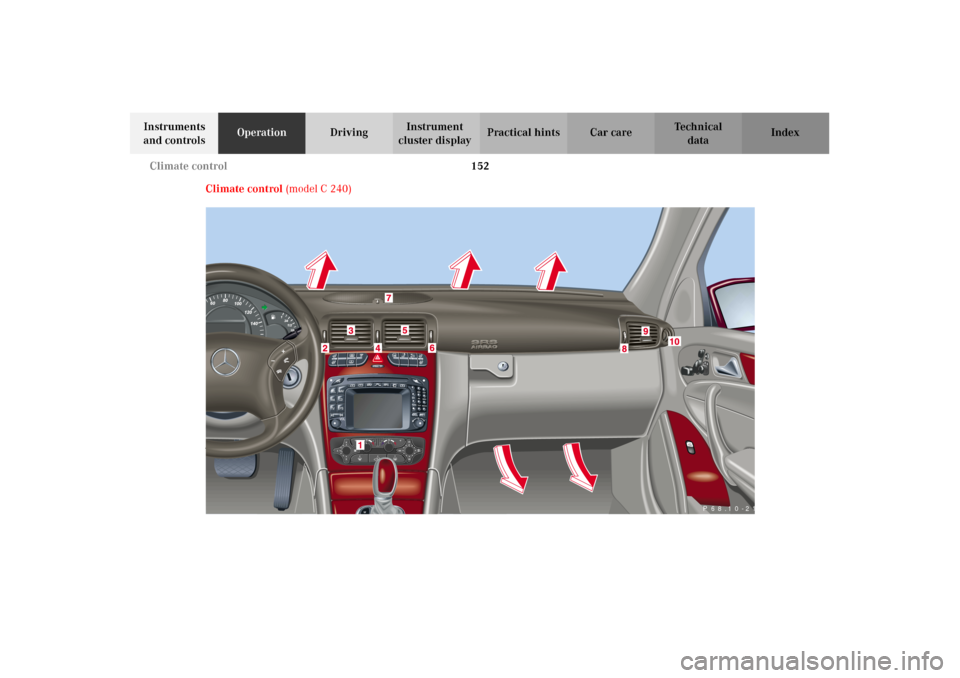 MERCEDES-BENZ C240 2002 W203 Owners Manual 152 Climate control
Te ch n i c a l
data Instruments 
and controlsOperationDrivingInstrument 
cluster displayPractical hints Car care Index
Climate control (model C 240)
P 68.10-2164-29
OM_203.book  S