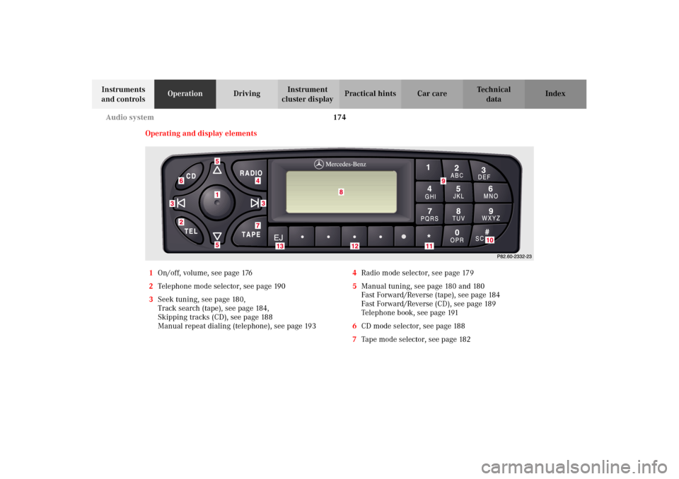 MERCEDES-BENZ C240 2002 W203 Owners Manual 174 Audio system
Te ch n i c a l
data Instruments 
and controlsOperationDrivingInstrument 
cluster displayPractical hints Car care Index
Operating and display elements
1On/off, volume, see page 176
2T