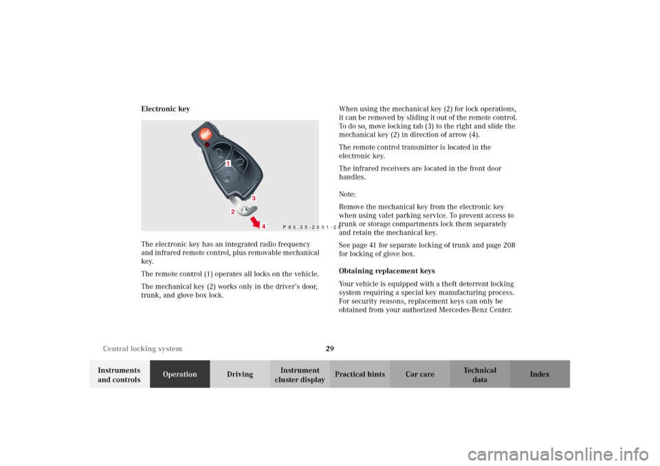 MERCEDES-BENZ C320 2002 W203 Owners Guide 29 Central locking system
Te ch n i c a l
data Instruments 
and controlsOperationDrivingInstrument 
cluster displayPractical hints Car care Index Electronic key
The electronic key has an integrated ra