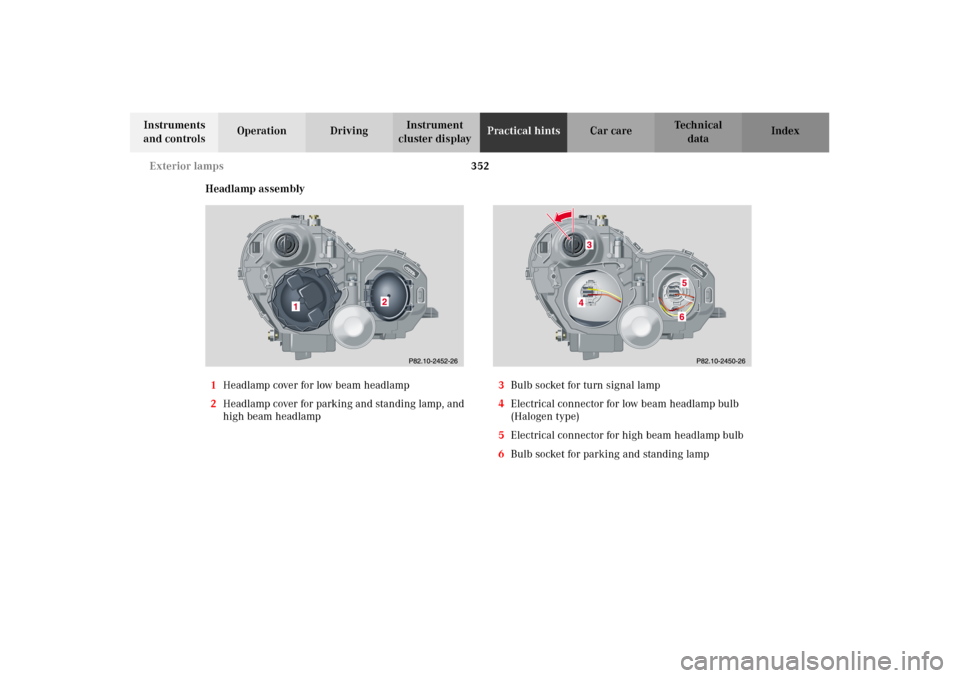 MERCEDES-BENZ C320 2002 W203 Owners Manual 352 Exterior lamps
Te ch n i c a l
data Instruments 
and controlsOperation DrivingInstrument 
cluster displayPractical hintsCar care Index
Headlamp assembly
1Headlamp cover for low beam headlamp
2Head
