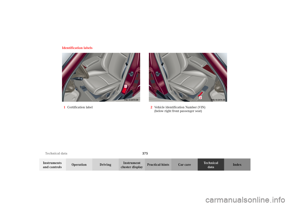 MERCEDES-BENZ C240 2002 W203 Owners Manual 375 Technical data
Te ch n i c a l
data Instruments 
and controlsOperation DrivingInstrument 
cluster displayPractical hints Car care Index Identification labels
1Certification label2Vehicle Identific