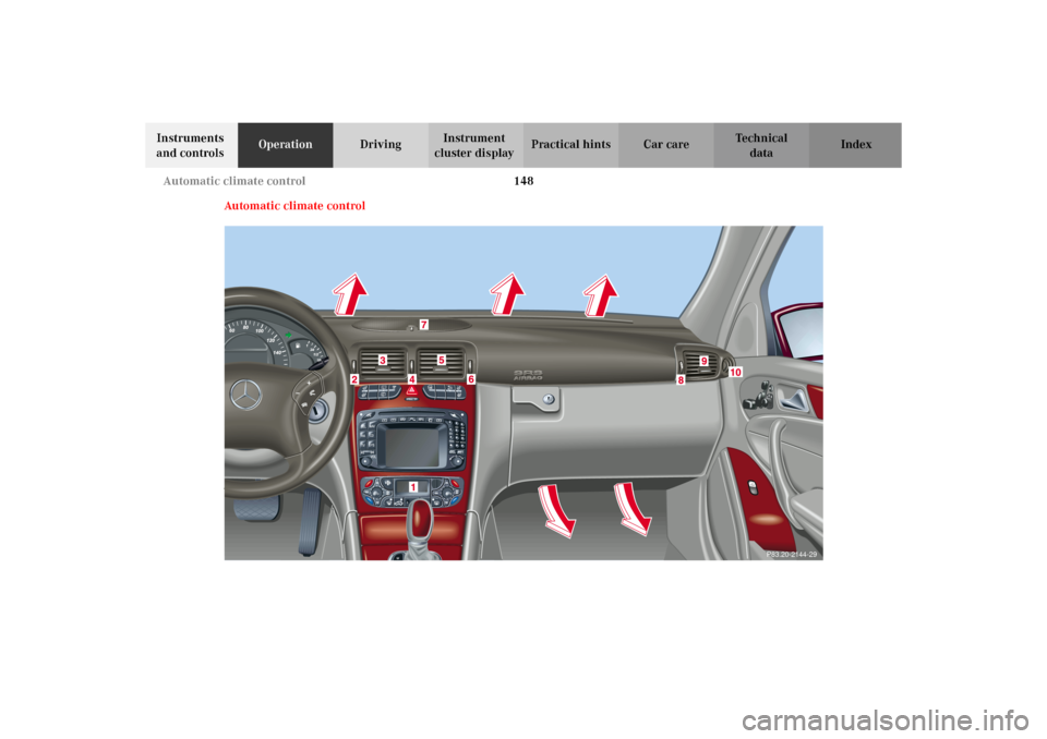 MERCEDES-BENZ C320 WAGON 2002 S203 Owners Manual 148 Automatic climate control
Te ch n i c a l
data Instruments 
and controlsOperationDrivingInstrument 
cluster displayPractical hints Car care Index
Automatic climate control
P83.20-2144-29
S203.book