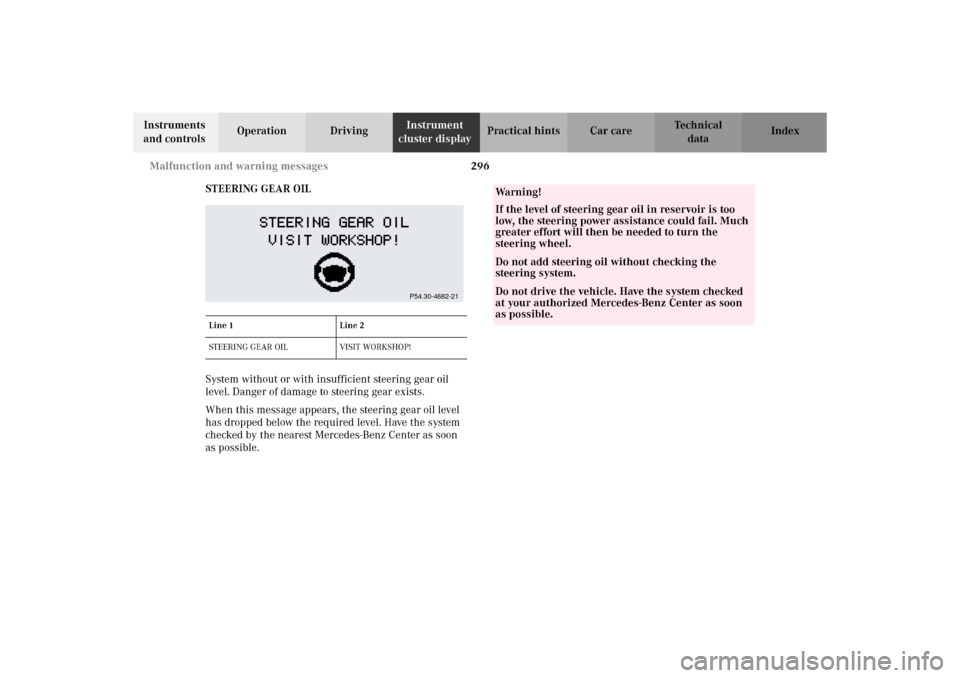 MERCEDES-BENZ C320 WAGON 2002 S203 Owners Manual 296 Malfunction and warning messages
Te ch n i c a l
data Instruments 
and controlsOperation DrivingInstrument 
cluster displayPractical hints Car care Index
STEERING GEAR OIL
System without or with i