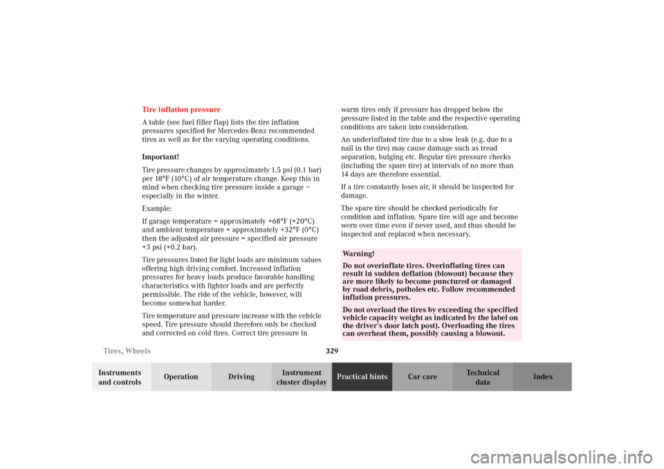 MERCEDES-BENZ C320 WAGON 2002 S203 Owners Manual 329 Tires, Wheels
Te ch n i c a l
data Instruments 
and controlsOperation DrivingInstrument 
cluster displayPractical hintsCar care Index Tire inflation pressure
A table (see fuel filler flap) lists t
