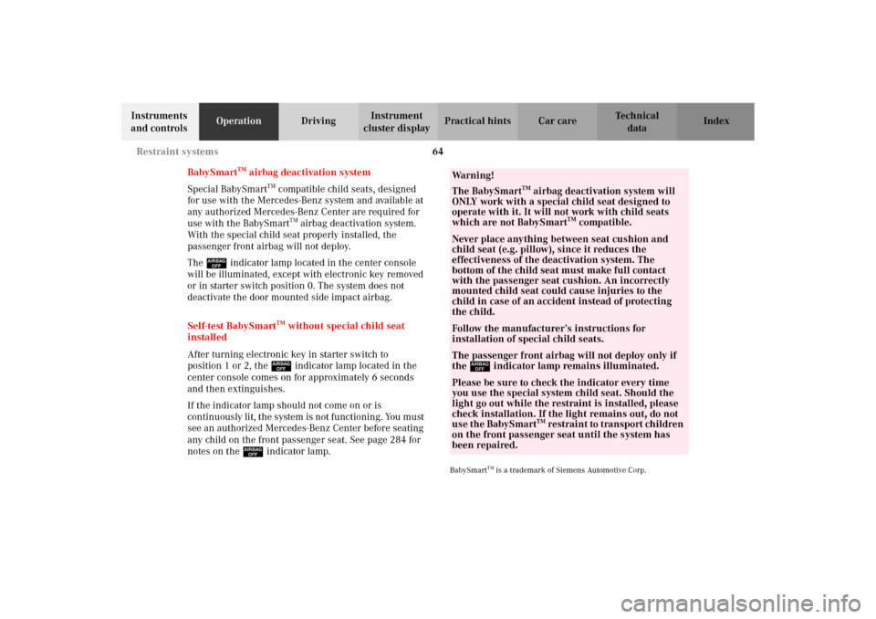 MERCEDES-BENZ C320 WAGON 2002 S203 Repair Manual 64 Restraint systems
Te ch n i c a l
data Instruments
and controlsOperationDrivingInstrument
cluster displayPractical hints Car care Index
BabySmart
TM airbag deactivation system
Special BabySmart
T MERCEDES-BENZ C320 WAGON 2002 S203 Repair Manual 64 Restraint systems
Te ch n i c a l
data Instruments
and controlsOperationDrivingInstrument
cluster displayPractical hints Car care Index
BabySmart
TM airbag deactivation system
Special BabySmart
T