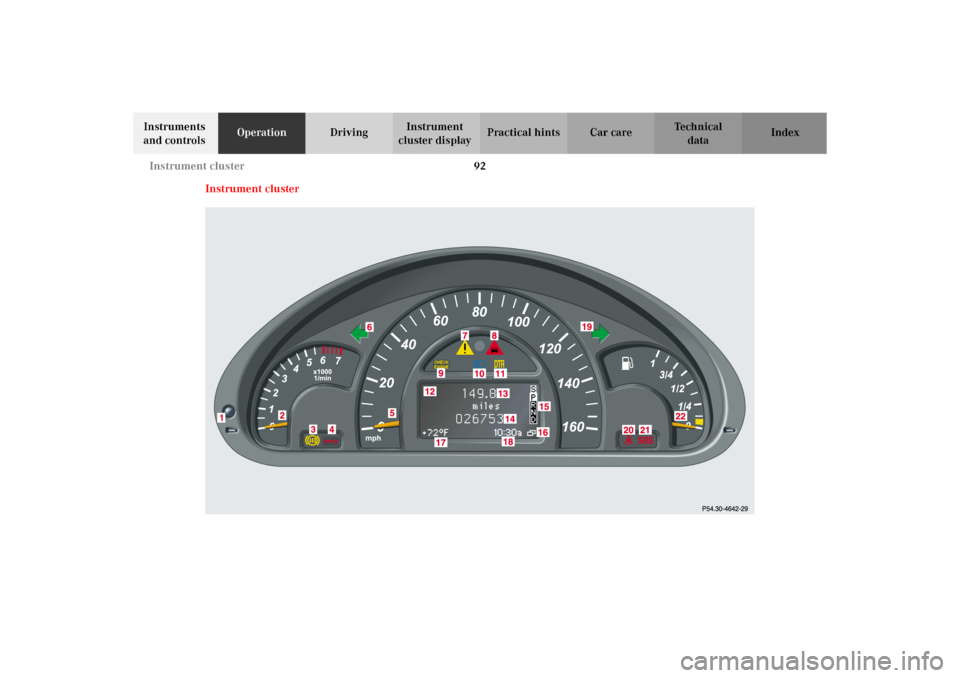 MERCEDES-BENZ C320 WAGON 2002 S203 Owners Manual 92 Instrument cluster
Te ch n i c a l
data Instruments
and controlsOperationDrivingInstrument
cluster displayPractical hints Car care Index
Instrument cluster
S203.book Seite 92 Freitag, 19. Oktober MERCEDES-BENZ C320 WAGON 2002 S203 Owners Manual 92 Instrument cluster
Te ch n i c a l
data Instruments
and controlsOperationDrivingInstrument
cluster displayPractical hints Car care Index
Instrument cluster
S203.book Seite 92 Freitag, 19. Oktober