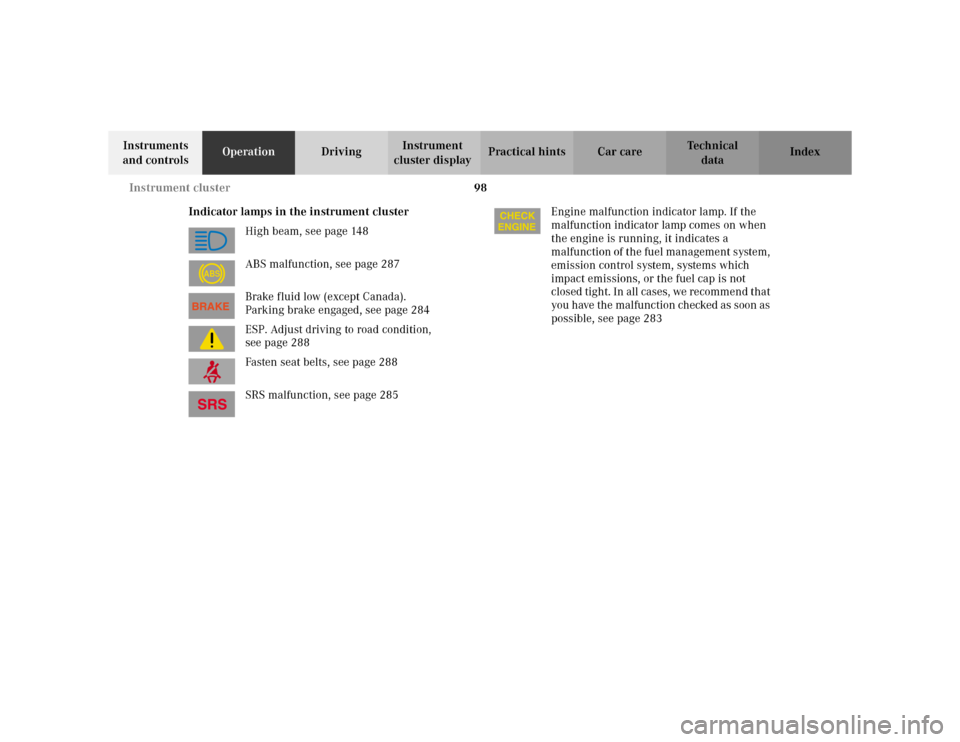 MERCEDES-BENZ C230 KOMPRESSOR COUPE 2002 CL203 Owners Manual 98 Instrument cluster
Te ch n i c a l
data Instruments 
and controlsOperationDrivingInstrument 
cluster displayPractical hints Car care Index
Indicator lamps in the instrument cluster
High beam, see p