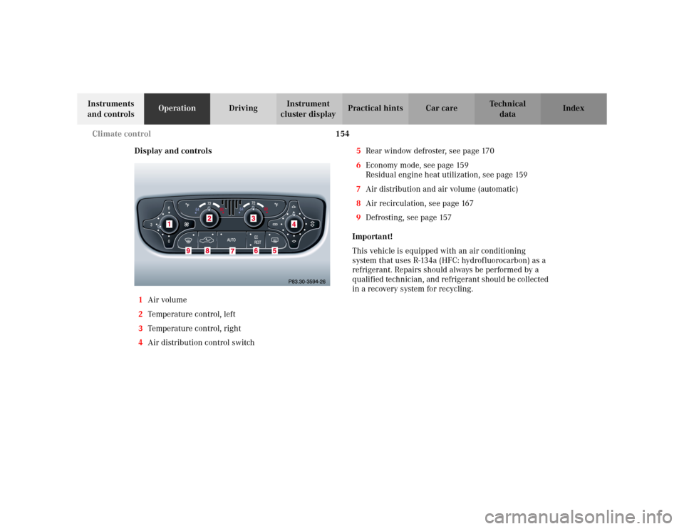 MERCEDES-BENZ C230 KOMPRESSOR COUPE 2002 CL203 Owners Manual 154 Climate control
Te ch n i c a l
data Instruments 
and controlsOperationDrivingInstrument 
cluster displayPractical hints Car care Index
Display and controls
1Air volume
2Temperature control, left
