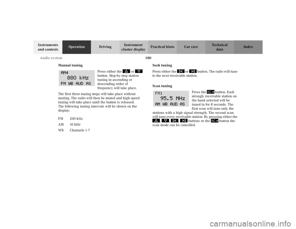 MERCEDES-BENZ C230 KOMPRESSOR COUPE 2002 CL203 Owners Guide 180 Audio system
Te ch n i c a l
data Instruments 
and controlsOperationDrivingInstrument 
cluster displayPractical hints Car care Index
Manual tuning
Press either the   or   
button. Step-by-step sta